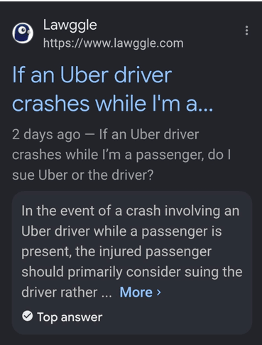Google search result showing a Lawggle Top answer for an Uber passenger crash question